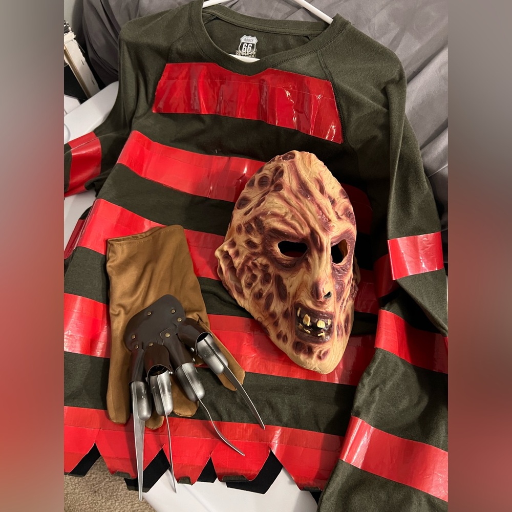 Halloween- Freddy Krueger costume with homemade shirt, mask and hand glove
